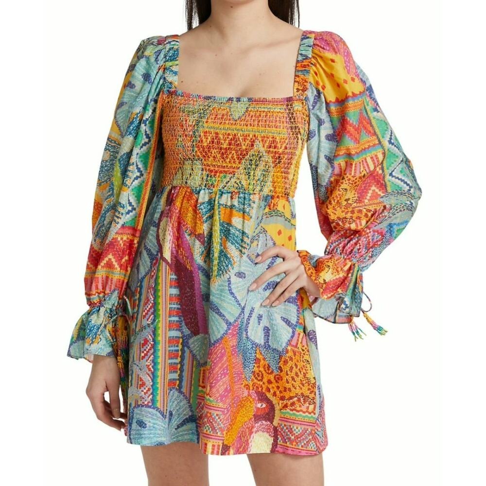 Farm Rio Colorful Print Smocked Long Sleeve Mini Dress Size S - Picture 3 of 7